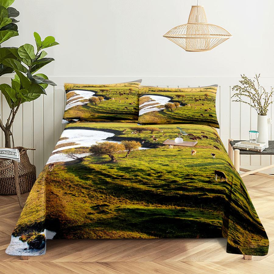 Scene Bed Sheet and Pillowcase Set Bedding Linens Cover Queen King Double Size 220x240 Trees for Bedroom Soft Twin Full Single