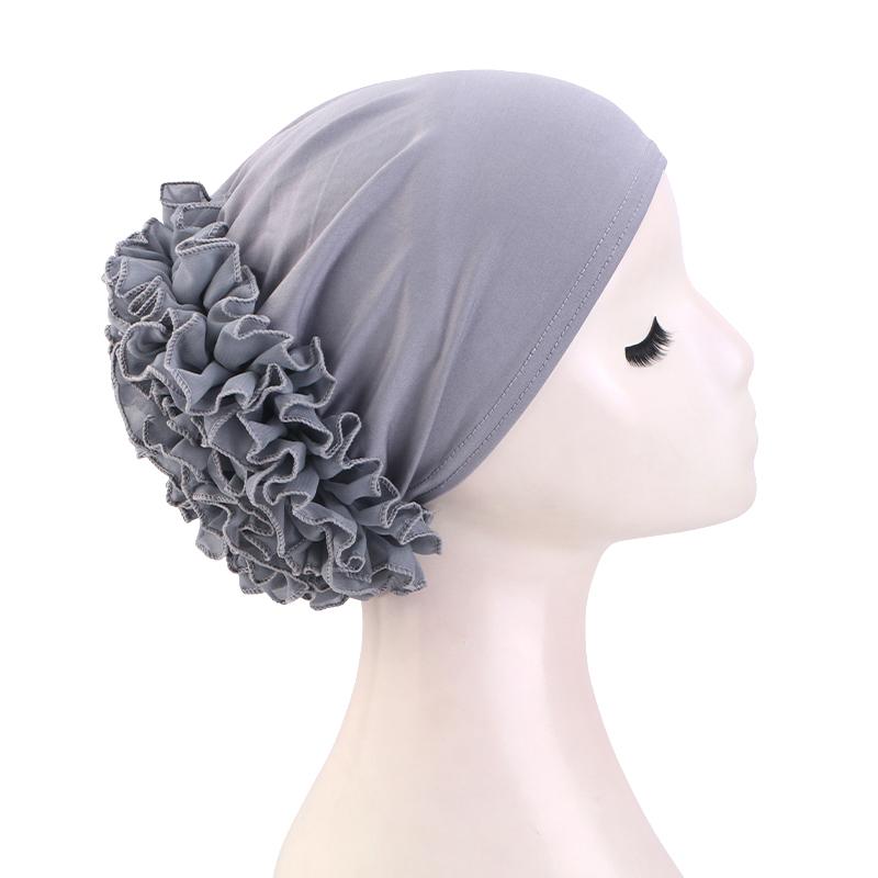 Women's breathable elastic chiffon hat with large flowers Solid color thin bottom cap Islamic Head Wrap African Bandana Head