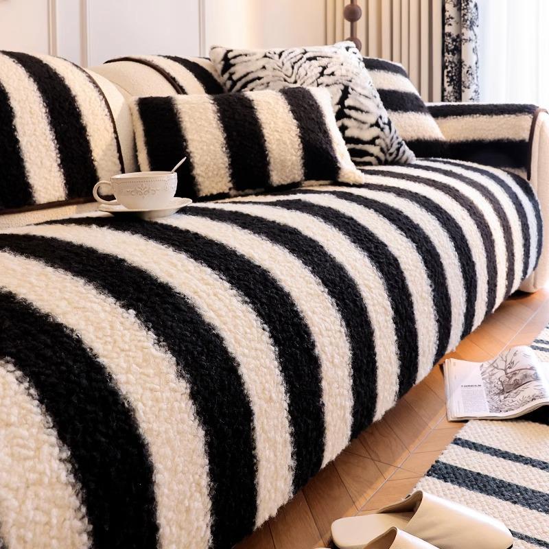 Stripe Lamb Wool Sofa Covers Minimally Thickened Plush Seat Cushion Anti Slip Sofa Blanket Living Room Decoration Couch Protective Mat 30x50 pillowcase 1pcs