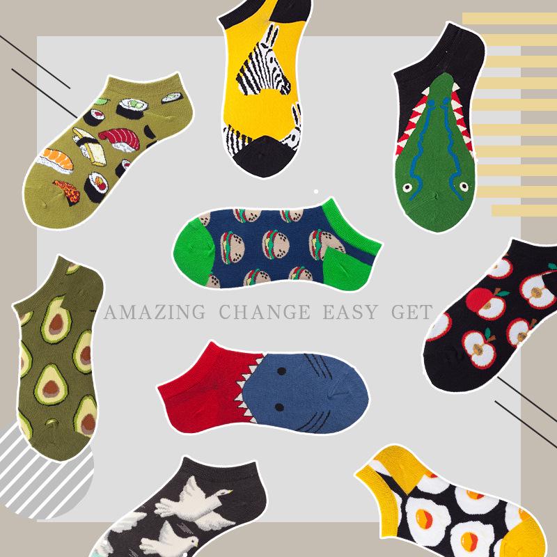 Spring Summer Socks Cute Funny Harajuku Cartoon Men Boat Oil Painting Food Casual Cotton Short Socks for Female Sox