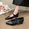 2026 New Simple French Temperament Pointed Toe Shallow Mouth Single Shoes Women's One-word Buckle Strap Low-heeled Shoes