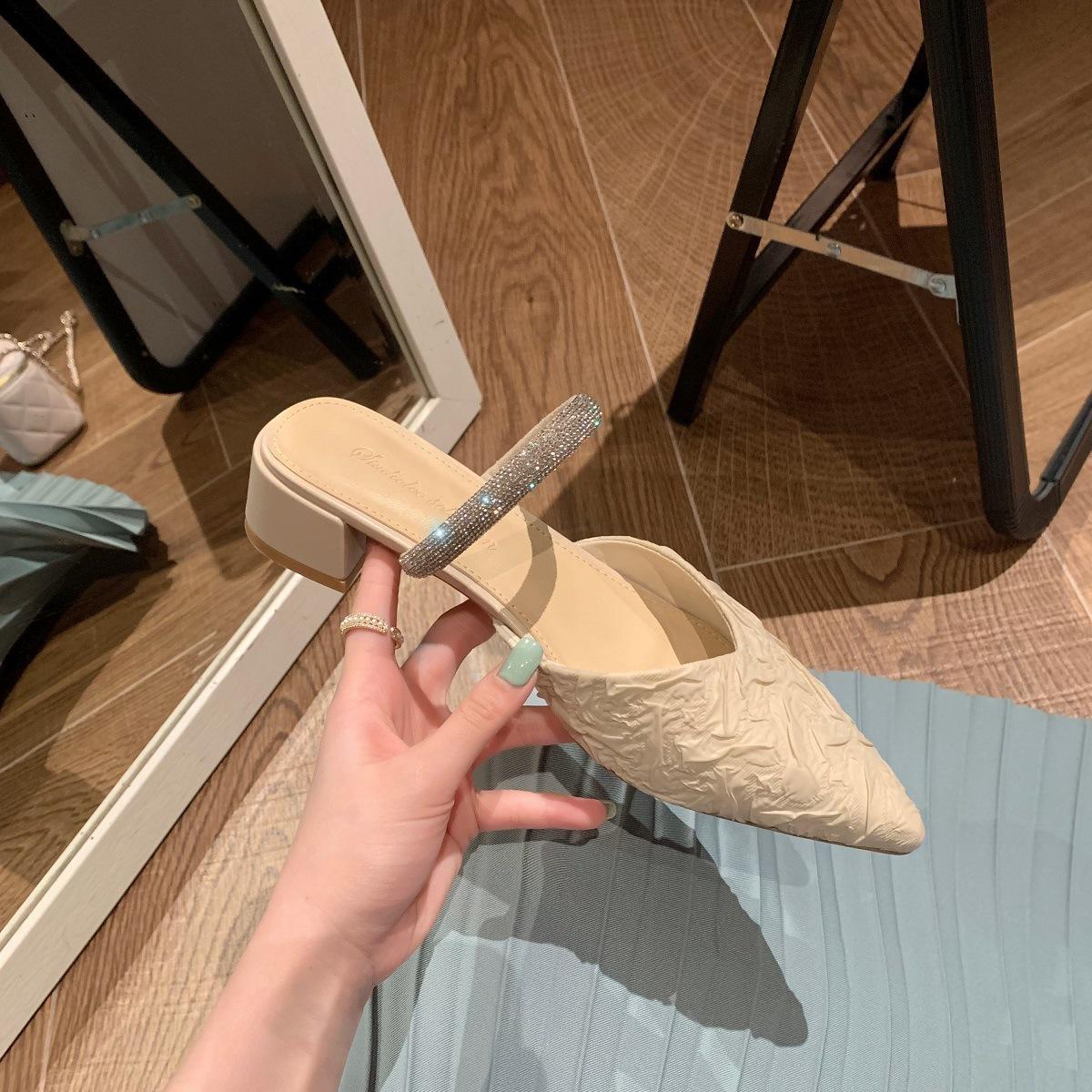 

Sheepskin French retro thick heel bag head sandals women s new rhinestone pointed back empty Mary Jane single shoes women s cool slippers 35