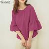 ZANZEA Women Casual Round Neck Solid Color Loose 3/4 Sleeve Blouse