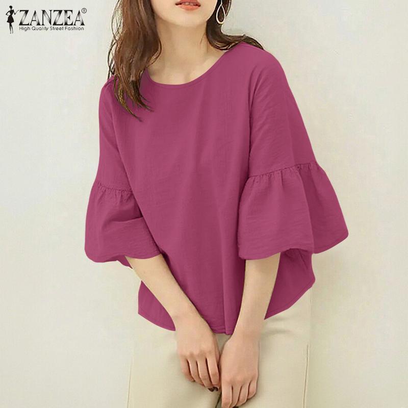 ZANZEA Women Casual Round Neck Solid Color Loose 3/4 Sleeve Blouse