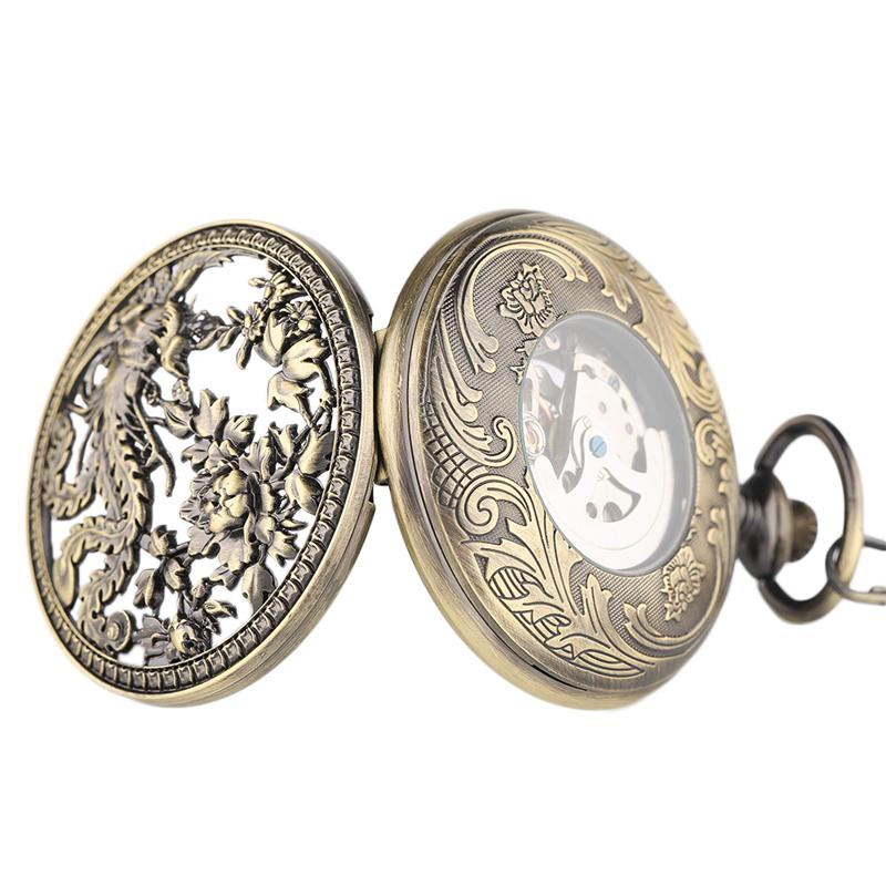 Beautiful Phoenix Mechanical Pocket Watch Charm Lucky Pendant Flower Carving Auto Watches Men Women Unisex Vintage Special Gifts
