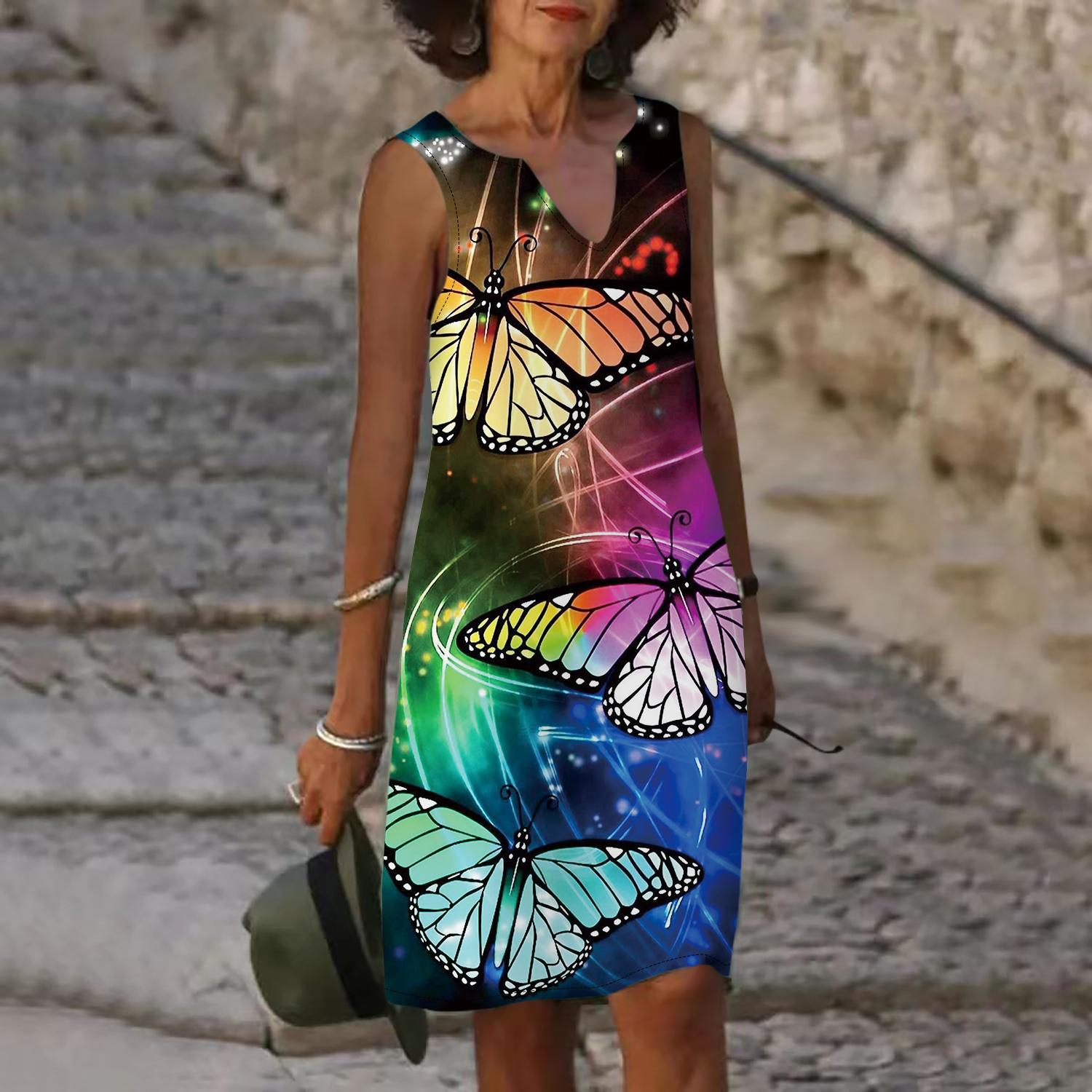 Женское летнее платье с v-образным вырезом и градиентным принтом бабочки — фото 3
