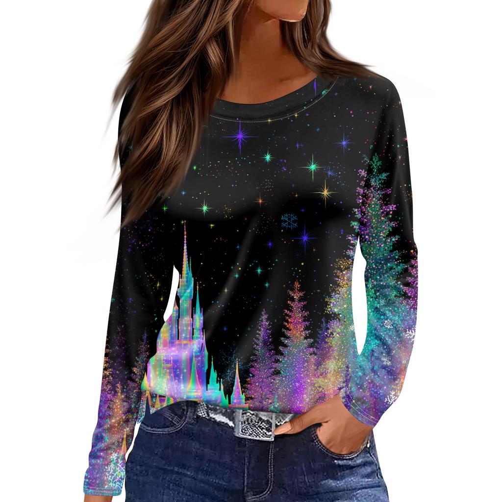 Dámská módní ležérní halenka s rozparkem, kulatým výstřihem, dlouhým rukávem, volná, s potiskem