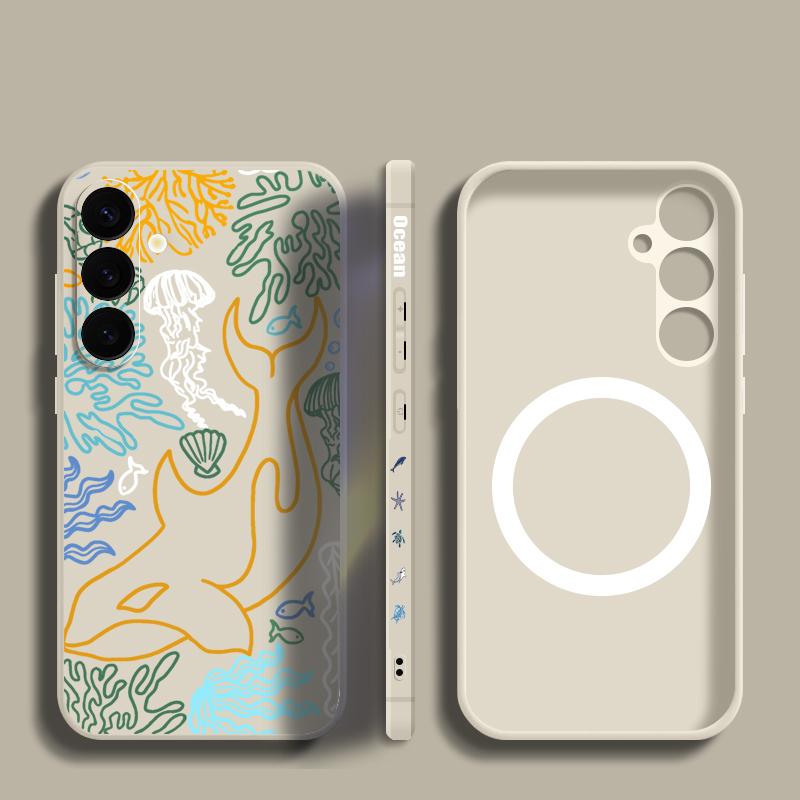 Fantasy Ocean Line Whale Print Case For Samsung Galaxy S26 Ultra S25 FE S24 S23 S22 Plus S21 FE Built-in Metal Plate Magnetic Silicone Cover