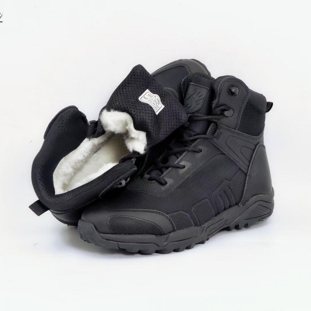 Winter Men's Wool Medium Tube Training Boots Anti-scratch Canvas Splicing Warm and Cold-proof Boots Outdoor Windproof Tongue Anti-collision