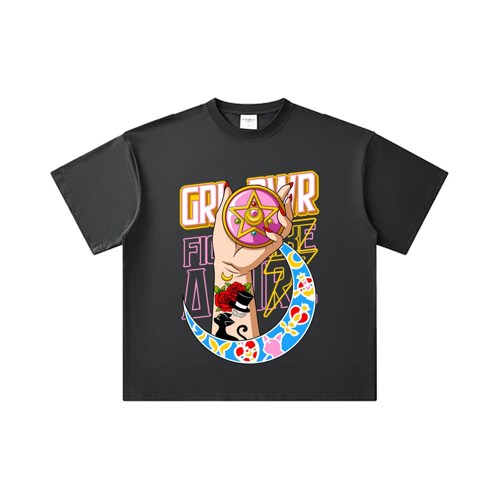 260 GSM Double Yarn 32 Count 100% Cotton Sailor Moon V12 Girl Power Print Unisex Heavy Cotton T Shirt