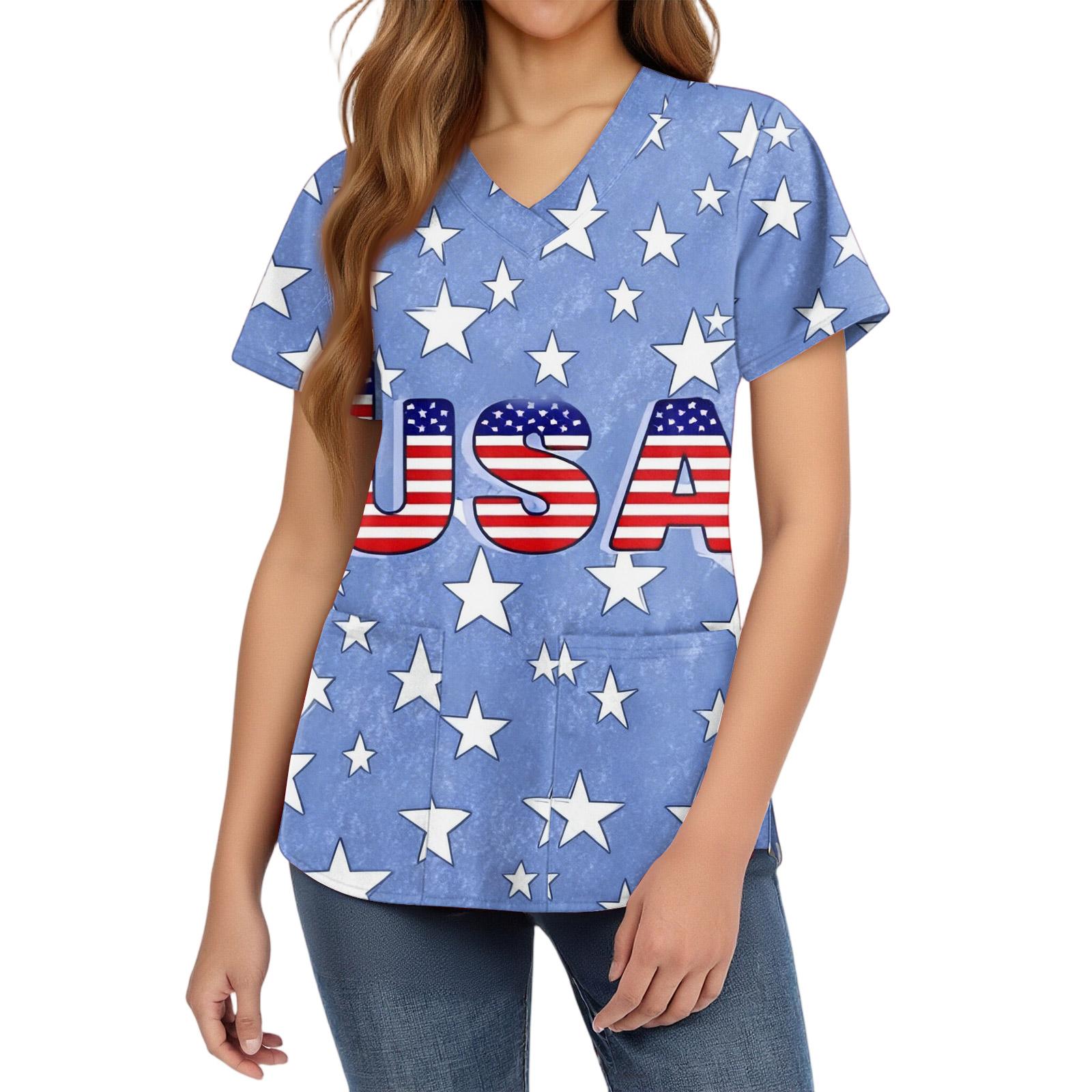 

Women s fashionable V-neck short-sleeved work uniform with pockets, print top, caregiver uniform. XXL