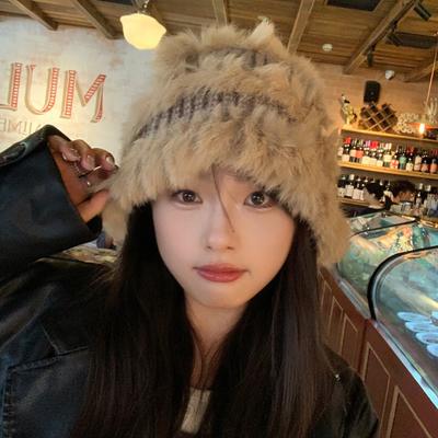 Rabbit Fur Knitted Woolen Hat for Women In Winter Cute Face Showing Small Warm Hat  Thickened Ear Protection Hat  Plush Bucket Hat