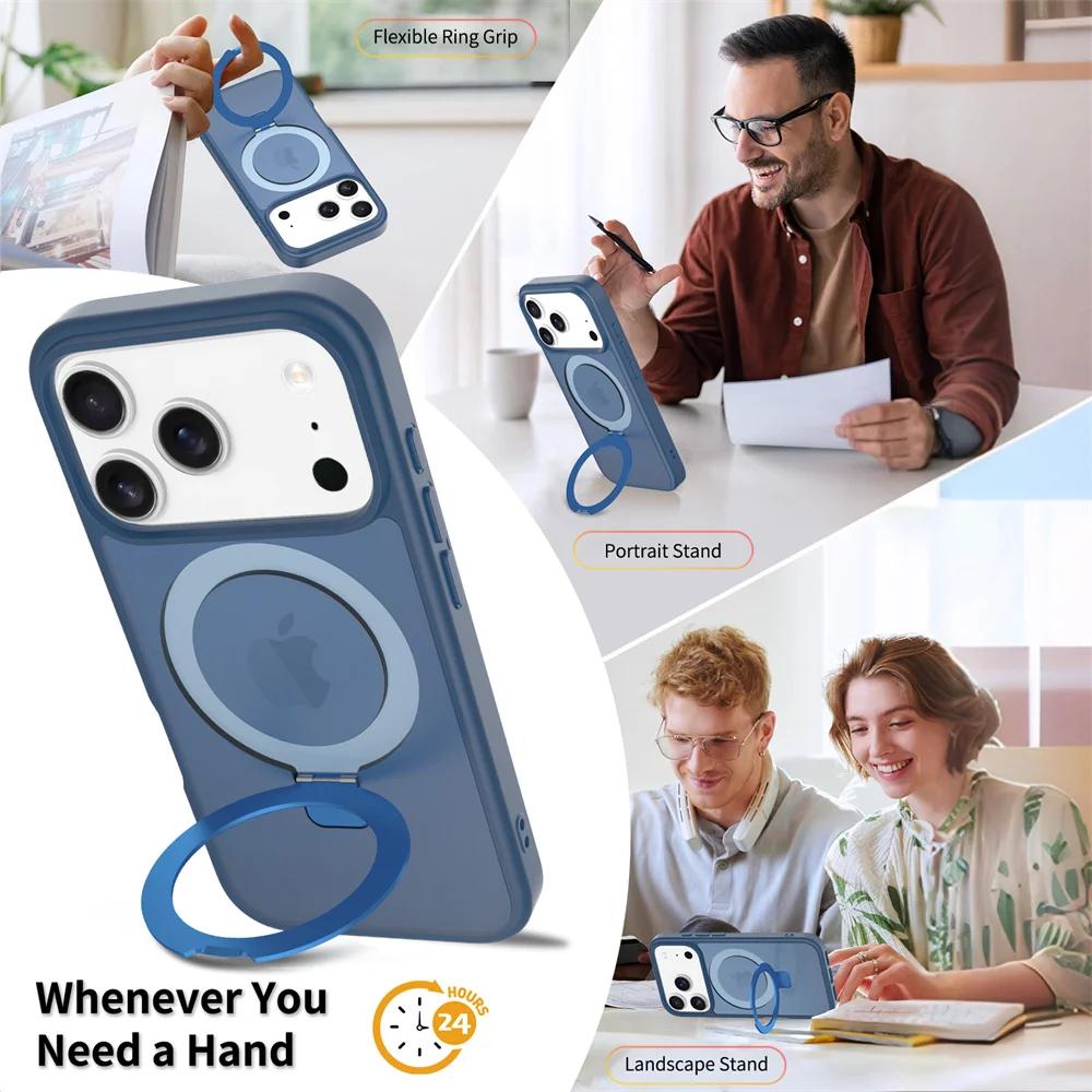 For Magsafe Fold Stand Magnetic Phone Case For iPhone 17 Air 16 15 16E 14 13 12 Pro Max Frosted Translucent Hard Cover