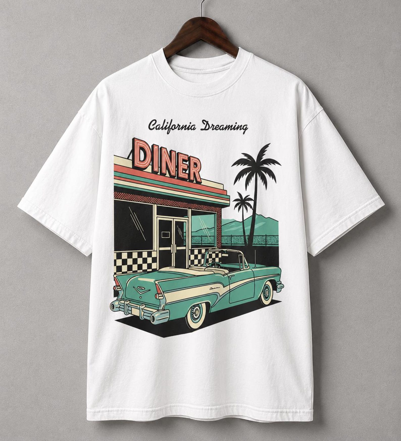 California Dreaming Retro Diner T-Shirt: 50s Classic Car Graphic Tee S