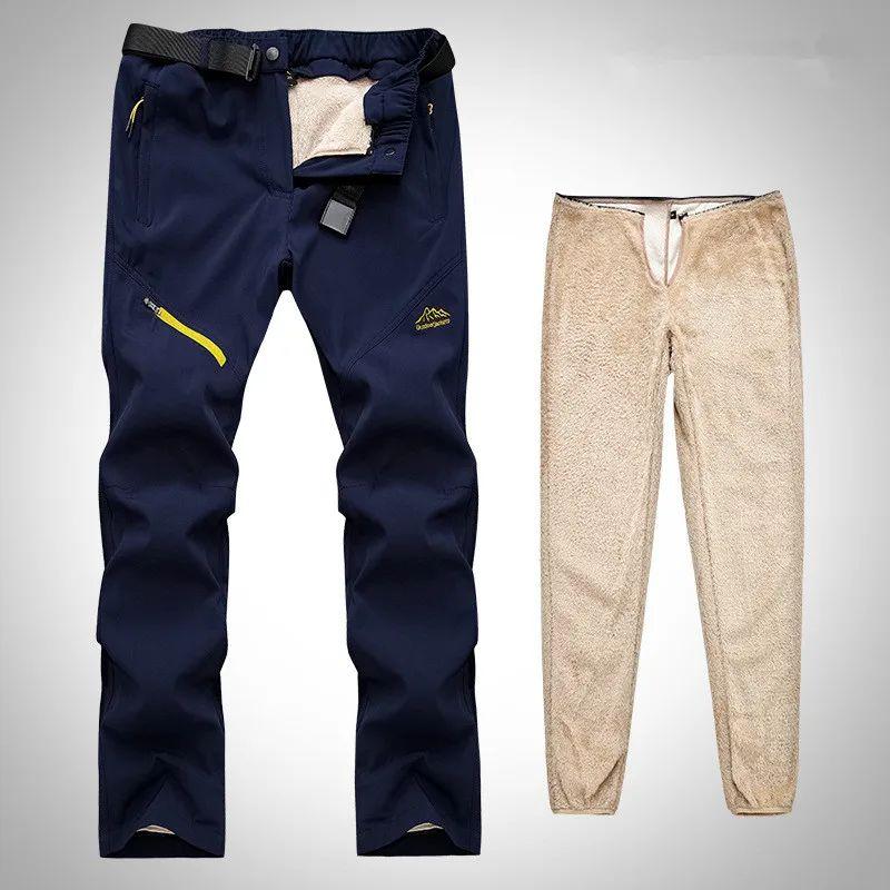 Winter Thick Warm Outdoor Pants Men Tactical Waterproof Long Trousers Trekking Camping Pants Removable Fur Lined Velvet Inside