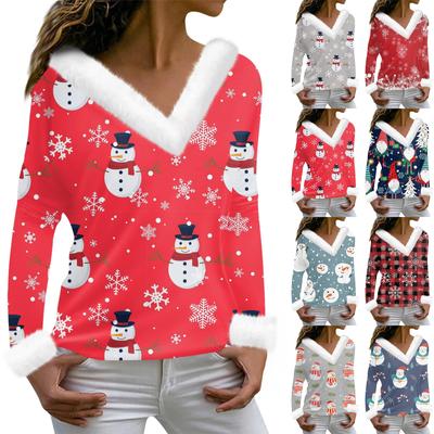 Women's Fashion Long Sleeve Christmas Printed Party Plush Neck V-Neck Top