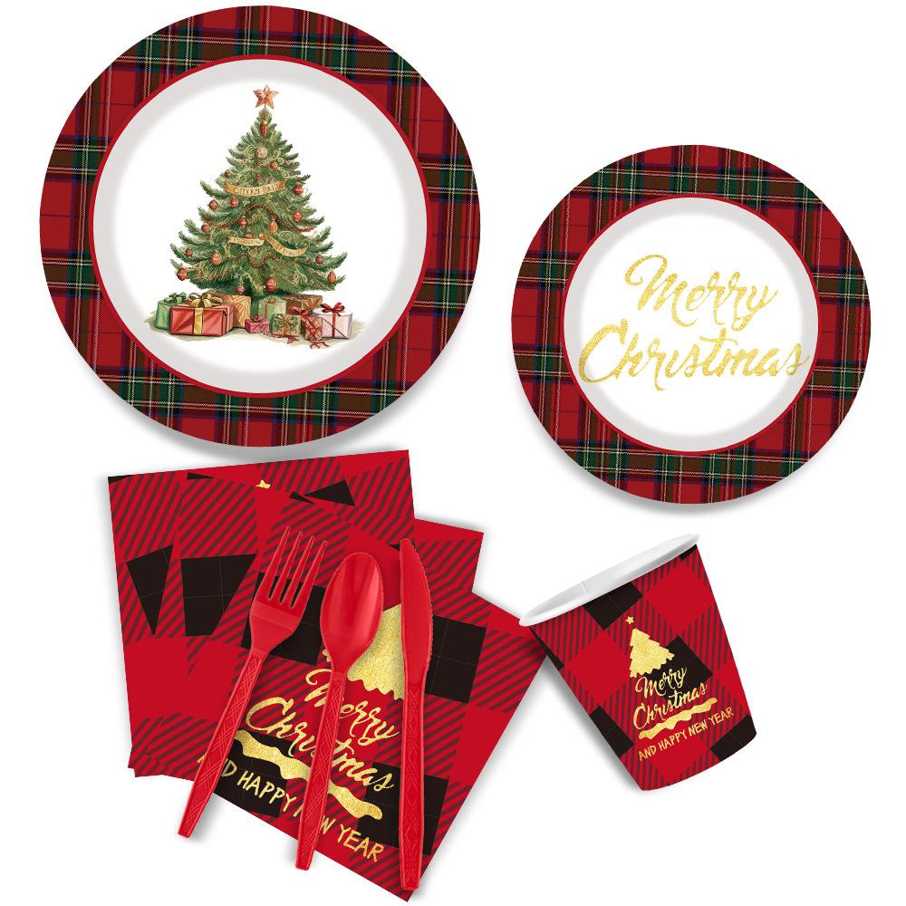 Christmas Party Tableware Set Plaid Printed Disposable Paper Plates Cups Napkins Holiday Party Supplies