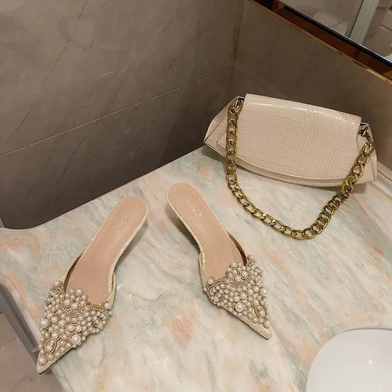 New Slippers Fashion Pointy Head Pearl Half Slippers Fine Heeled Sandals Women s Shoes 42 Yards Middle Heeled Mules Shoes 35
