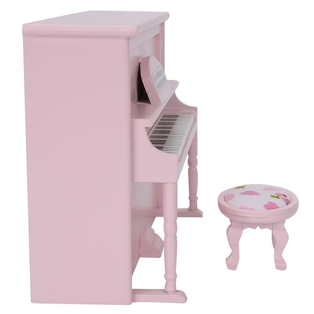 1:12 Doll House Accessories Mini Upright Piano Model Toy with Stool Simulation Furniture Pink