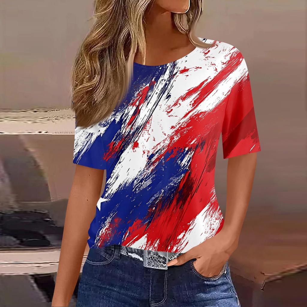 Damski modny, swobodny, krótki rękaw, nadruk, okrągły dekolt, bluzka typu pullover