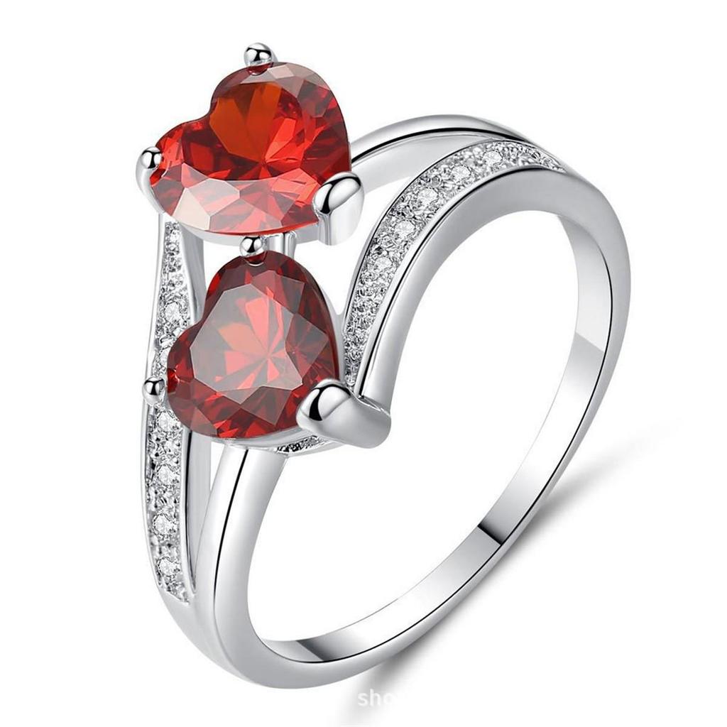 European & American Style Colorful Gem Double Heart Ring - Fashionable Women's Engagement Jewelry 