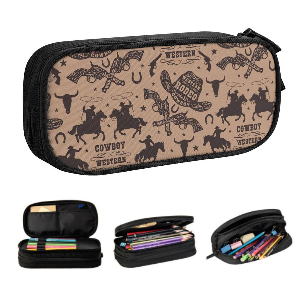 Custom Cute Western Cowboy Pattern Pencil Case for Girls Boys Large Capacity Pen Bag Box Stationery