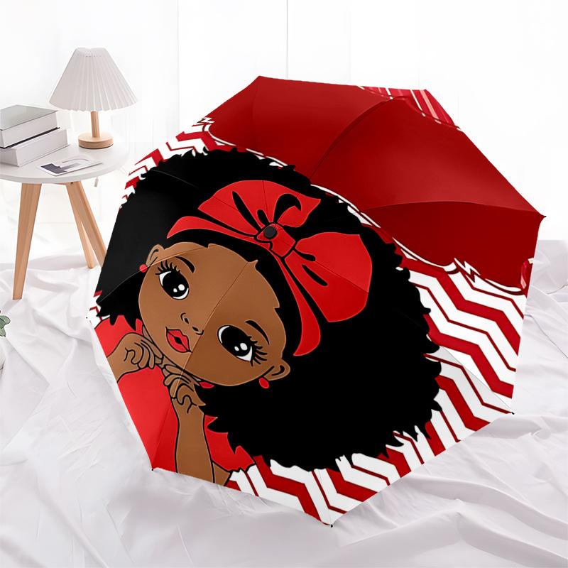 

Red Afro Girl Design Automatic Opening Folding Umbrella with 8 Bone Iron Frame,Perfect for Fans and Travelers,Ideal Gift for Festivals0104