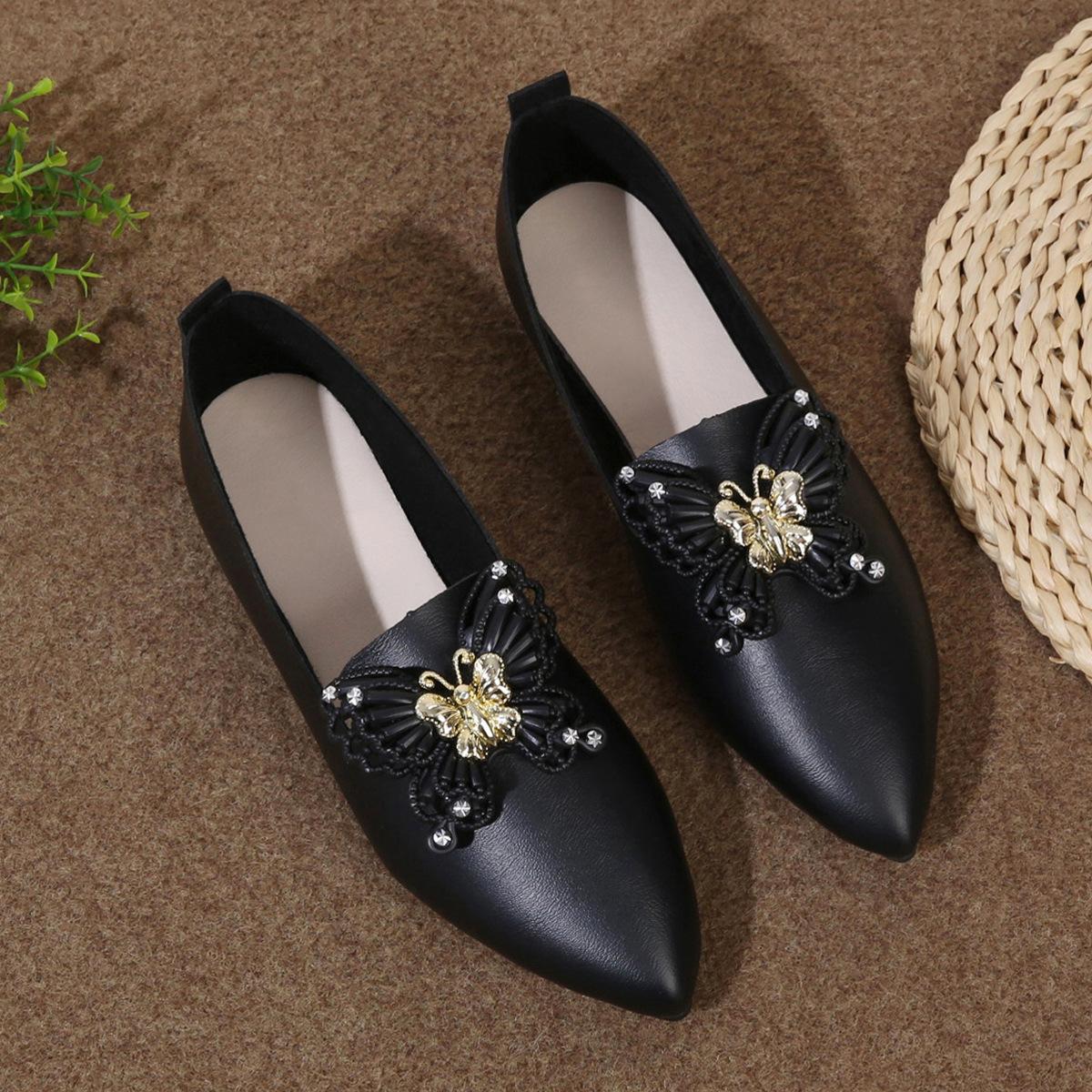 

2025 New Pointed Head Butterfly Decoration Shallow Mouth Flat Bottom Versatile Shoes Woman Low Heel Comfortable Leisure Zapatos 36 чорний