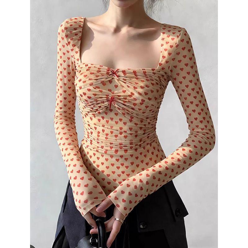 Sweet Spice Girl Bow Love Printed Top Women s Early Spring New Pure Desire Wind Slim Skinny Bottom Shirt T-shirt ins S