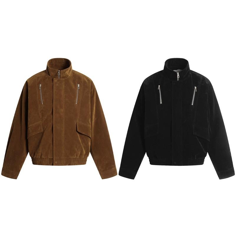 Unisex Suede Fleece Lined Stand Collar Zipper Jacket Streetwear Short Cropped Outerwear Fall
