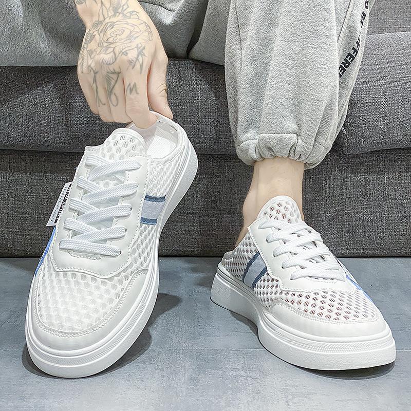 Mesh Flats Half Shoes For Men Mules Closed Toe Sandals Summer Backless Loafers Slippers Man Slides Semi-Drag Casual Board Shoes