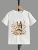 1pc Bohemian Pure Cotton T-Shirt with Squirrel & Autumn Flowers Print - Soft Round Neck Short Sleeve Blouse Suitable for Spring Summer Fall Casual Wea