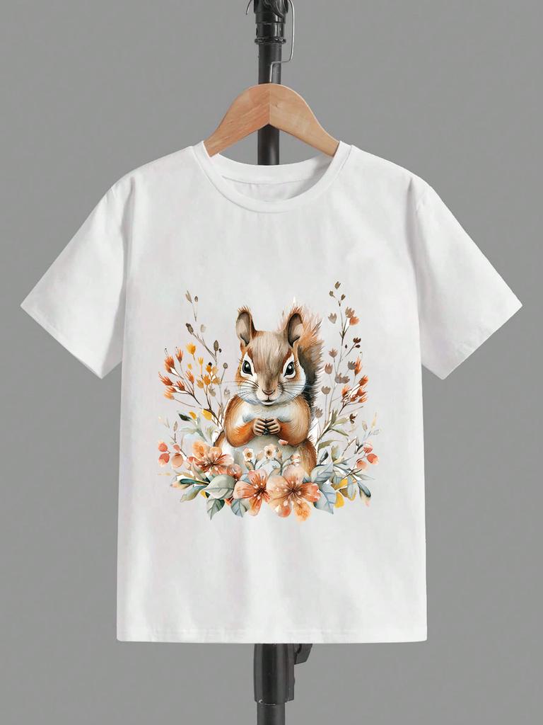 1pc Bohemian Pure Cotton T-Shirt with Squirrel & Autumn Flowers Print - Soft Round Neck Short Sleeve Blouse Suitable for Spring Summer Fall Casual Wea