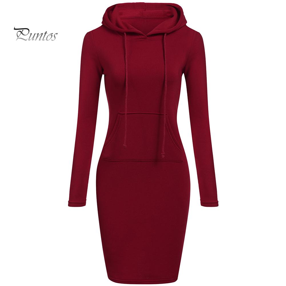 Casual Solid Color Long Sleeve Bodycon Hoodies Women Hooded Knee Length Dress