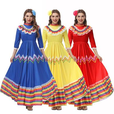 Adult Women National Mexican Ethnic Dance Maxi Long Dress Headwear Halloween Cosplay Costumes Role Play Outfit