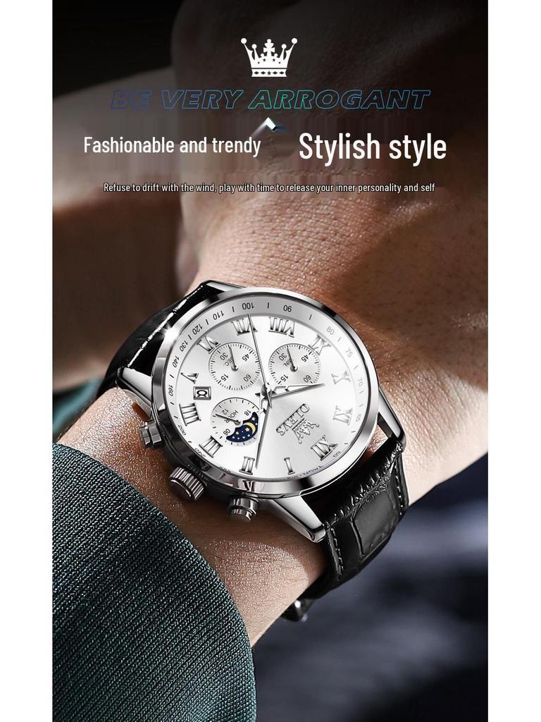 Oulishi Multifunctional Men's Waterproof Quartz Watch with Steel Band