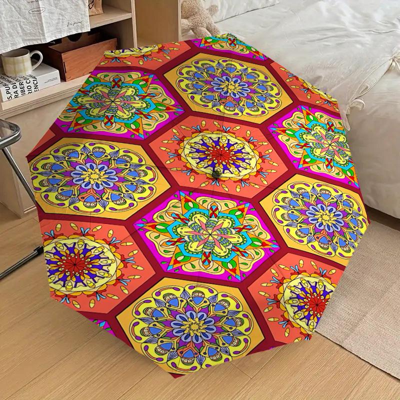 1PC Mandala PatternsAutomatic Open/Close Umbrella with Windproof, 8-Rib Sturdy Canopy, Durable Ribs, Fashionable Design, Outdoor Accessory, Fun Prin,