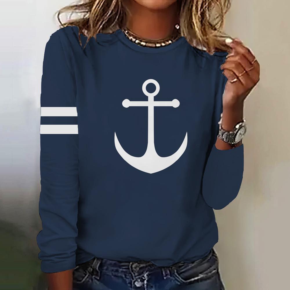Herbst Frauen T Shirt Langarm Tops Anker Grafik Weibliche Kleidung Alltägliche Streetwear Oansatz Pullover Für frauen Tees 2023