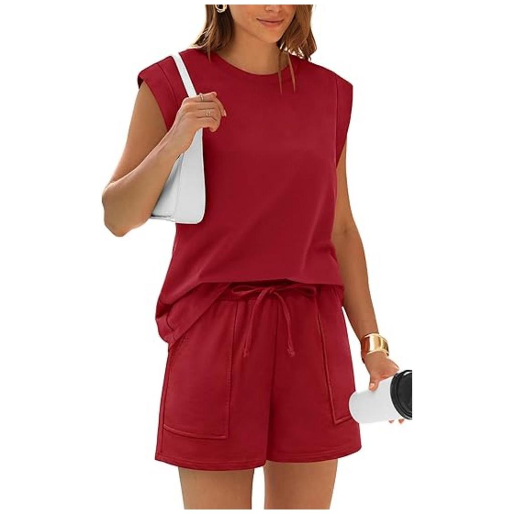 Women's 2026 Summer Solid Color Two-Piece Set: Round Neck Top & Pocket Shorts