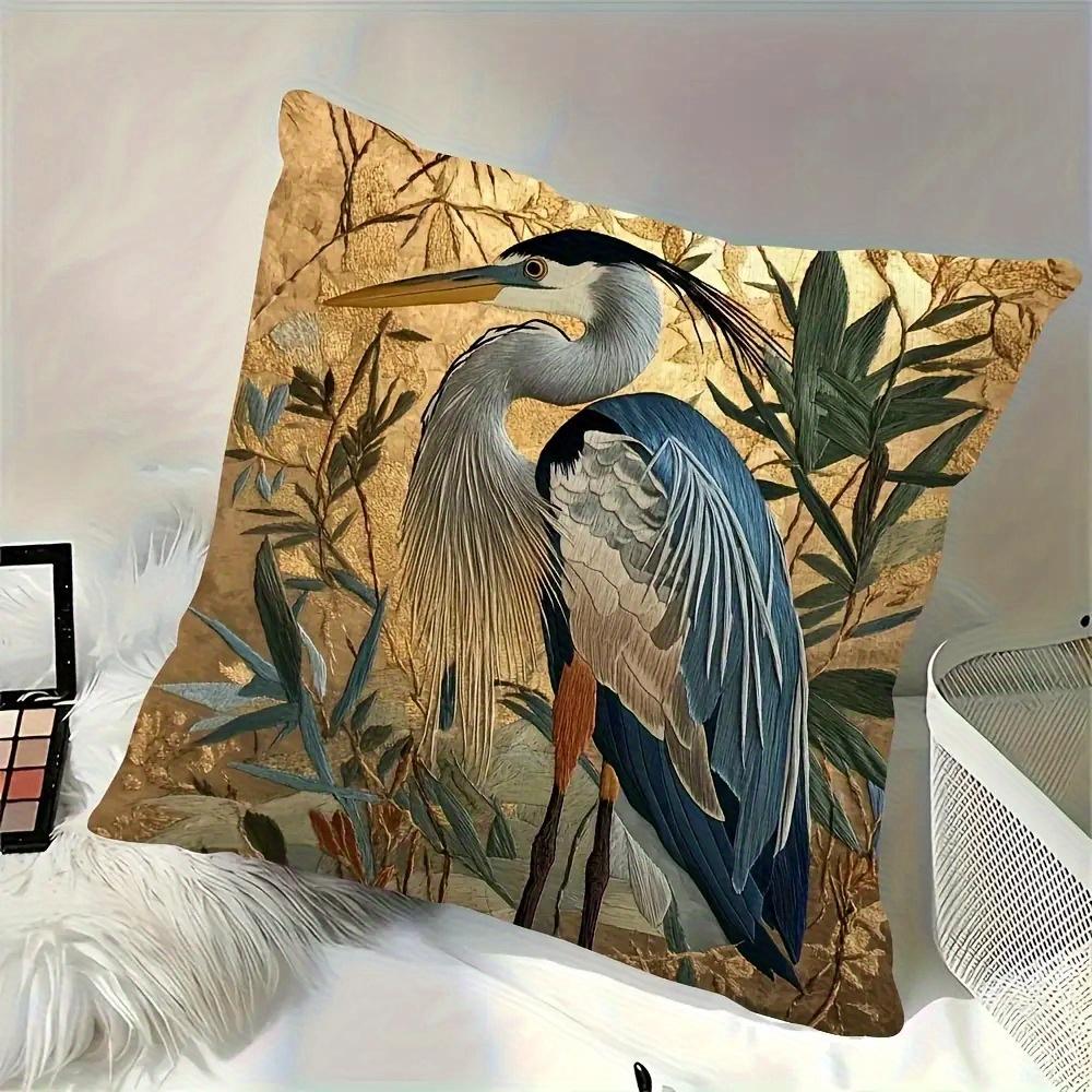 2D Flat- Vintage Golden Heron Print Square Throw Pillow Case Home Decor Cushion Cover For Sofa Bedroom Living Room
