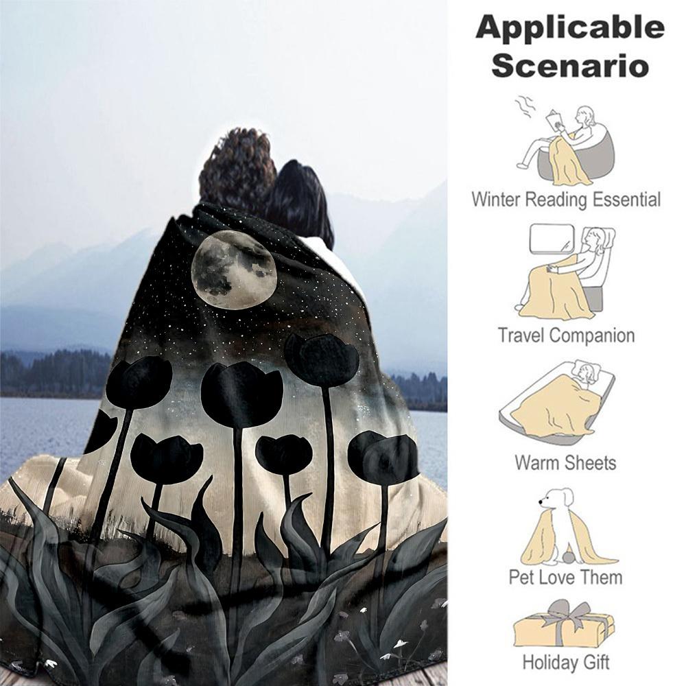 1PC Moonlit Tulips Outdoor Blanket Lightweight Flannel, Soft & Warm, All-Season Use for Sofa, Outdoor, Camping, Living Room, Office58