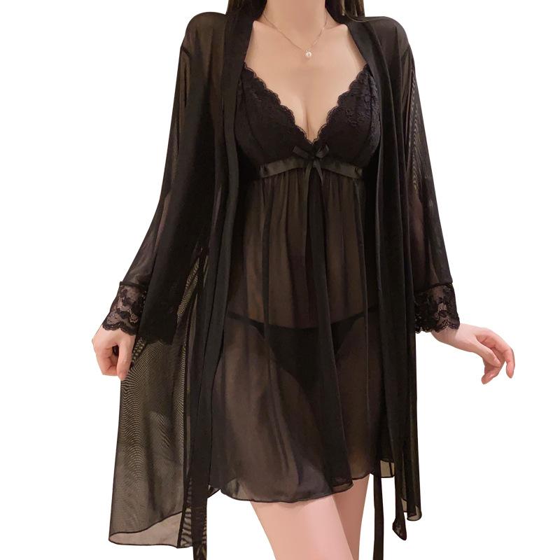 Women's Lace Sheer Mesh Sleep Dress with Robe Lounge Set