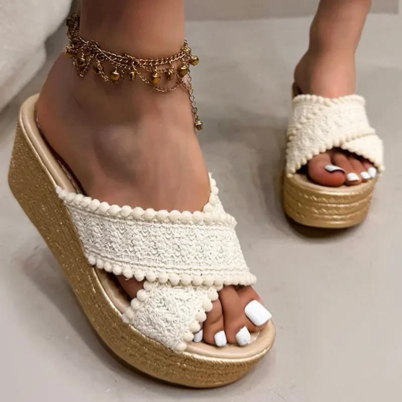 Women\'s Thick Sole Chunky Platform Slippers Cross Band Decor Wedges Sandals for Woman Summer Plus Size Comfort Non Slip Slides