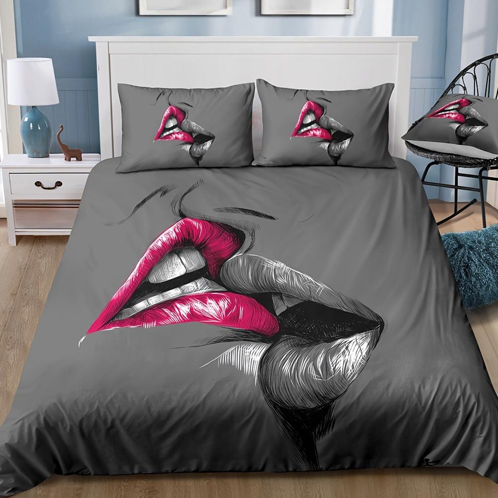 3pcs Crimson Kiss Sketch Couple Bedding Duvet Cover Set with 2pcs Pillowcase (1pc Duvet Cover, No Pillow Core)
