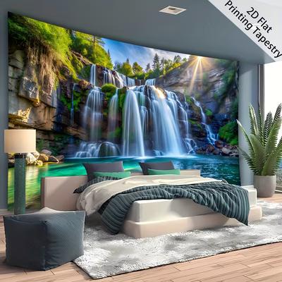 Green Forest Waterfall Lake Tapestry Nature Scenery Wall Art for Aesthetic Home Decor