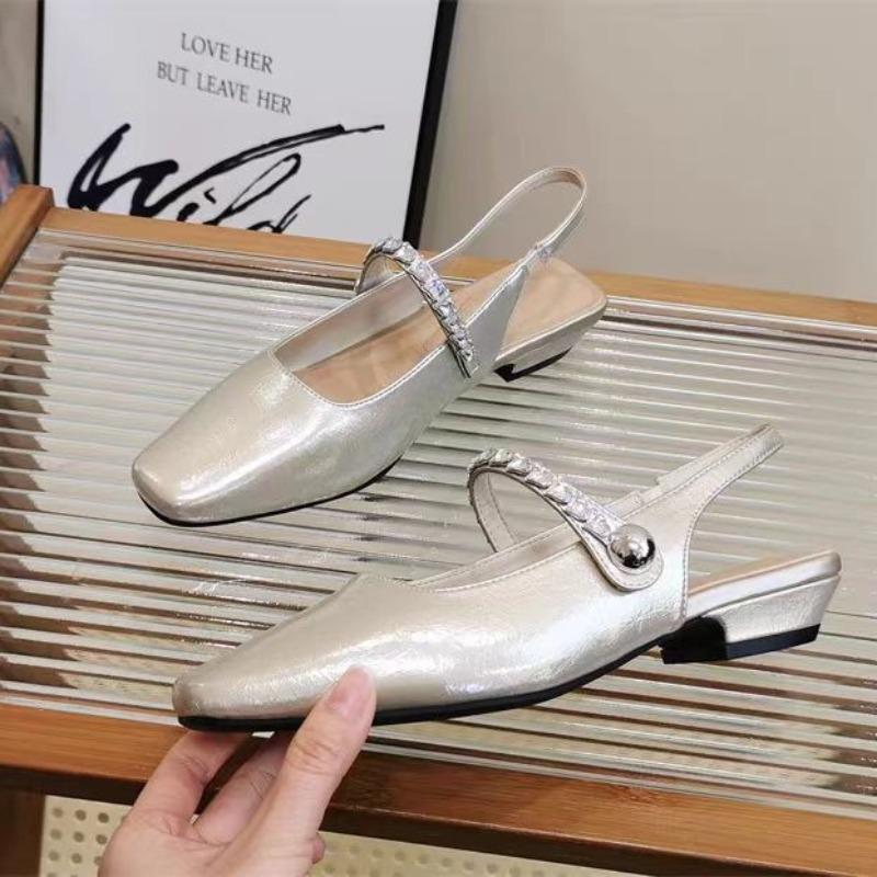 Square Toe Comfort Shoes for Women 2025 Summer Buckle Strap Block Heels Rhinestone Sandals Suit Female Beige Low Chunky Spring