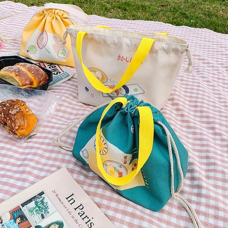Retro Cute Large Capacity Canvas Drawstring Lunch Bags Creativity Handheld Bento Bag Handbag Portable Storage Bags Gifts