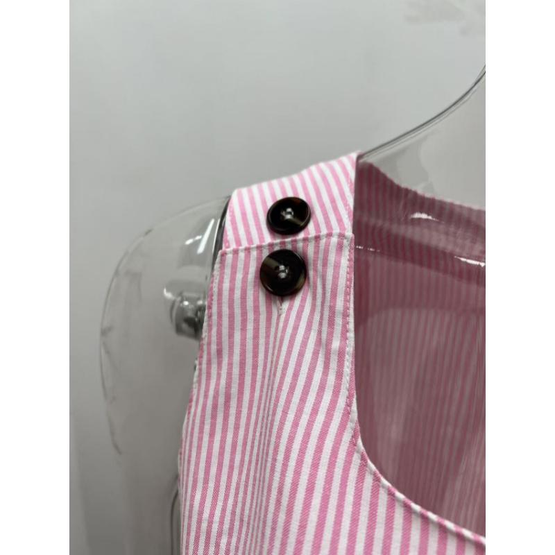 Women's Summer Striped Sleeveless Mini Dress Round Neck Button Shoulder Strap Pocketed Casual Beach Vacation Sundress