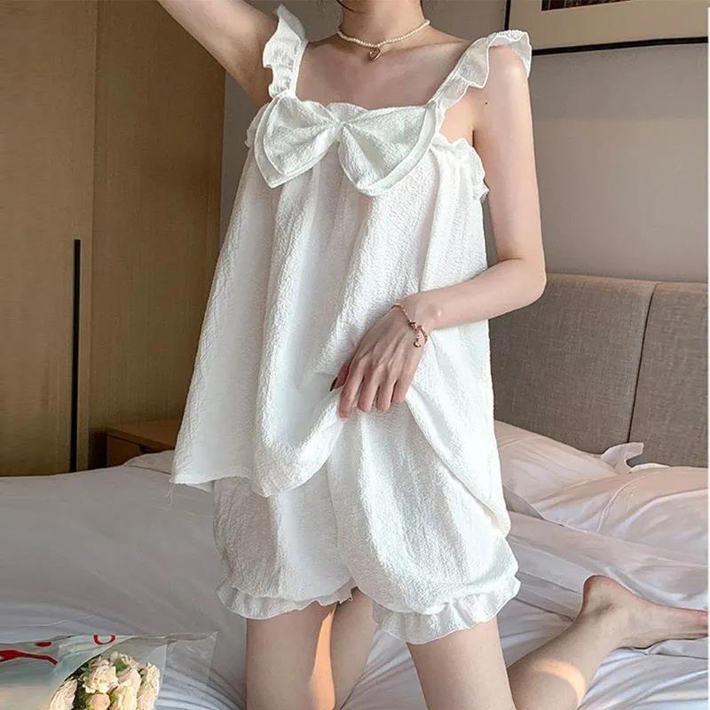 Pajama Sets Women Sleeveless Bow Summer Cool Sweet Sleepwear Fashion Princess Soft Comfortable Loungewear Tender Girlish Homewear Green White Black