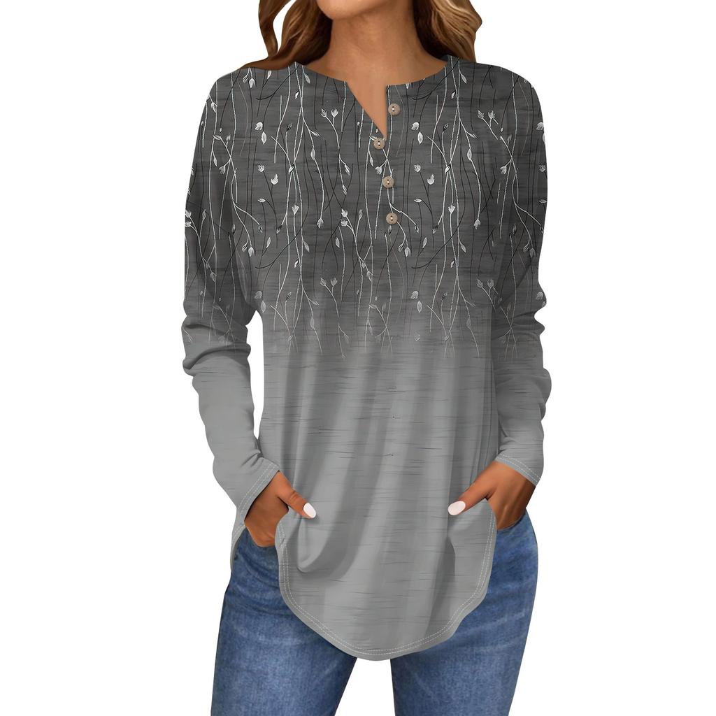 Damenmode Lose Knopfkragen Druck Langarm T-Shirt Tops Pullover